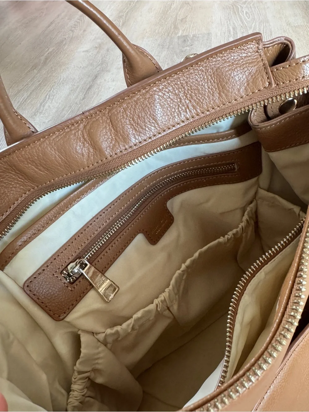 Mina Baie harper midi leather diaper bag backpack tan gold
